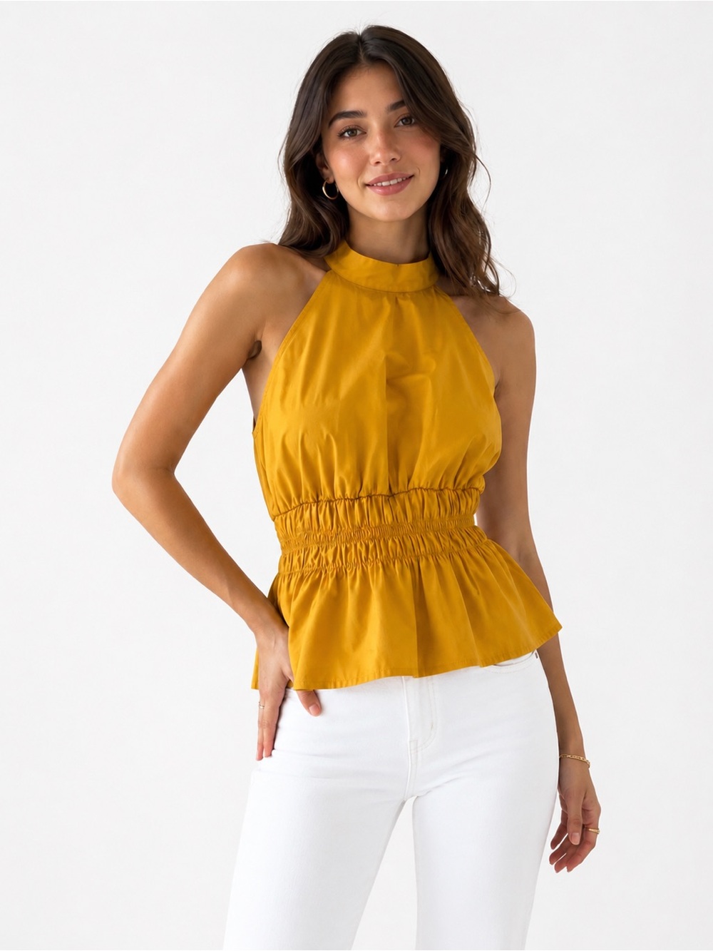 WHBM Marigold Halter Top Size 12 EUC Smocked Peplum Boho Chic Blouse